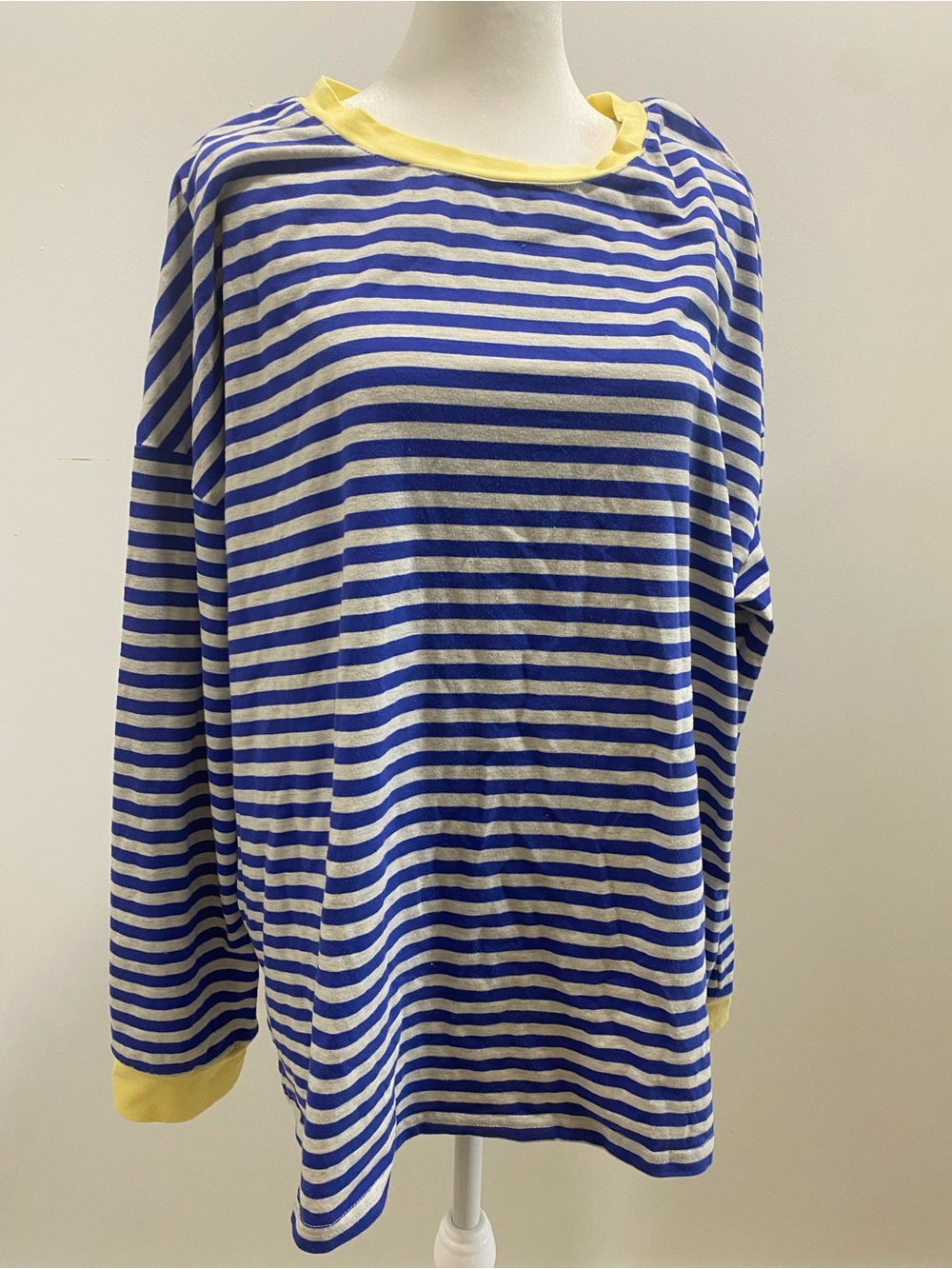 Blue & White Striped Women's Long-Sleeve Top with Yellow Trim